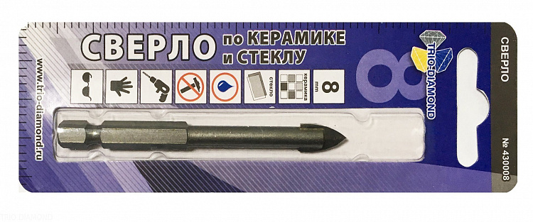 Сверло копьевидное по керамике и стеклу, 8 мм, Trio-Diamond, 430008