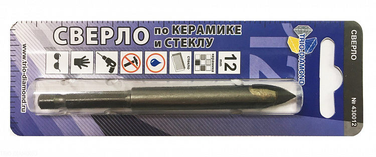 Сверло копьевидное по керамике и стеклу, 12 мм, Trio-Diamond, 430012
