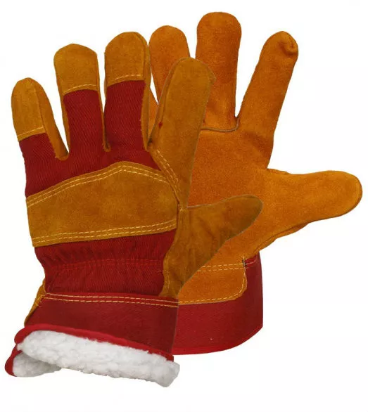 Перчатки спилковые комбинированные красно-рыжие утепленные, желтый мех и белый мех